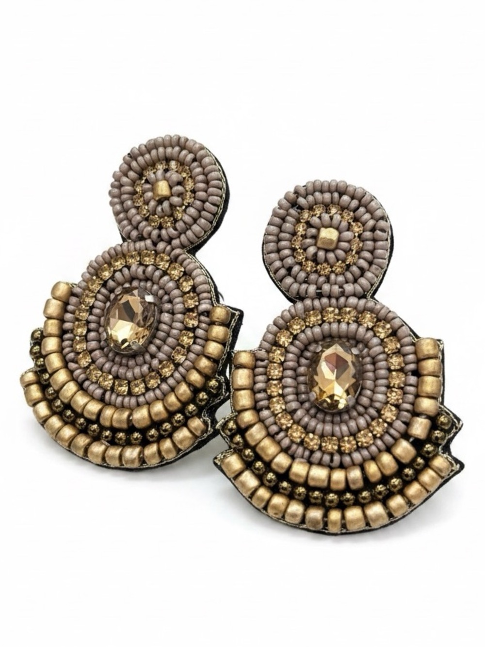 Kay Lee New York Gray and Gold Beaded Statement Earrings